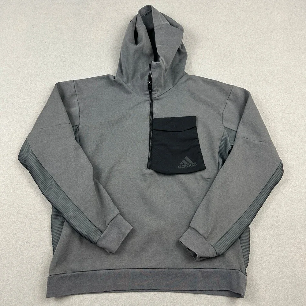Adidas Hoodie Men Medium Gray 1/4 Zip Ribbed Panel Tech Fleece Utility Pocket M